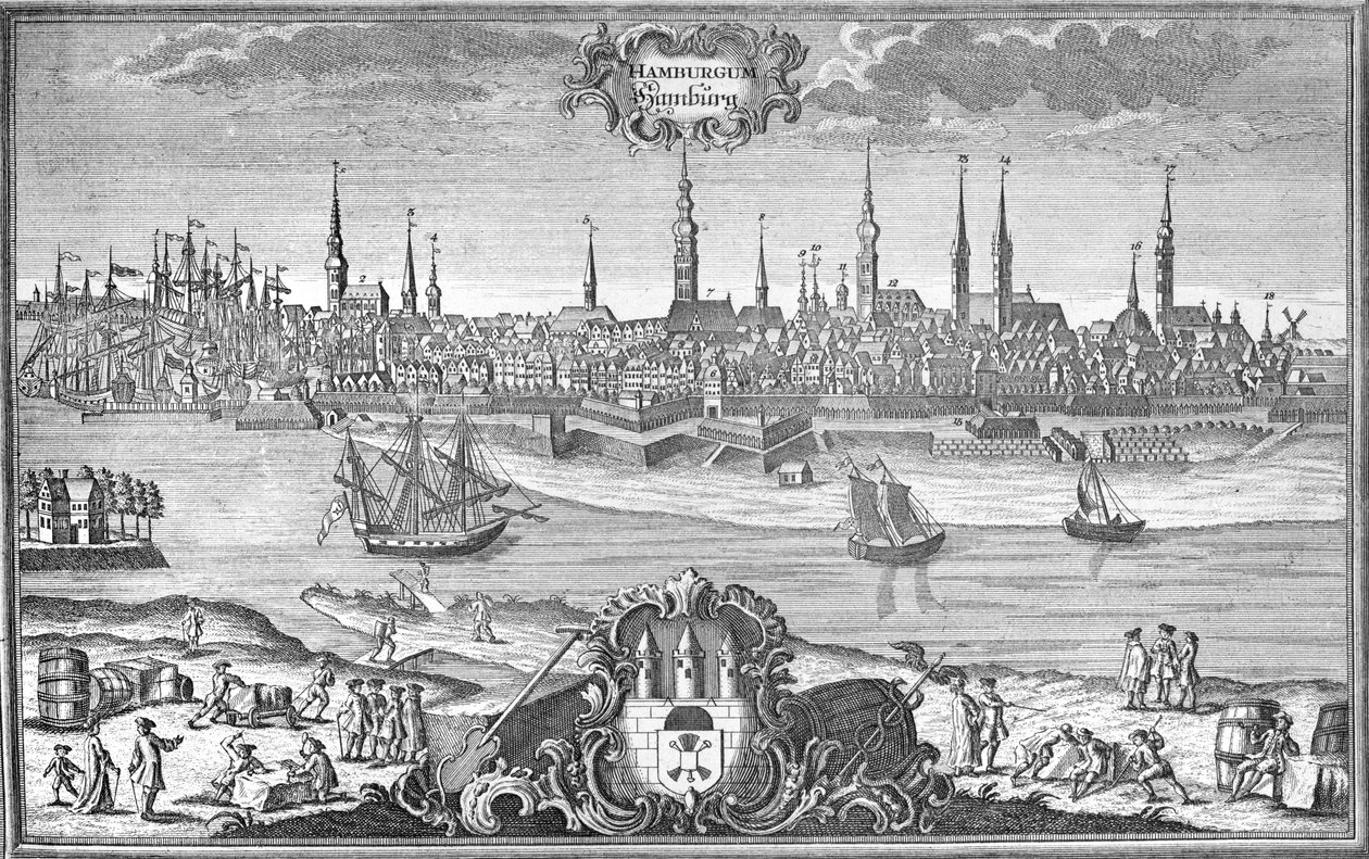 Uitzicht op Hamburg, ca. 1710-50 door Martin Engelbrecht