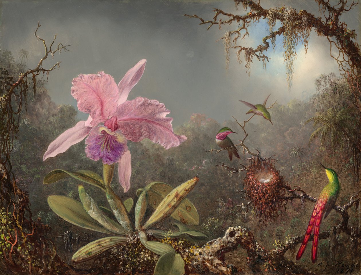 Cattleya Orchidee en Drie Kolibries, 1871 door Martin Johnson Heade