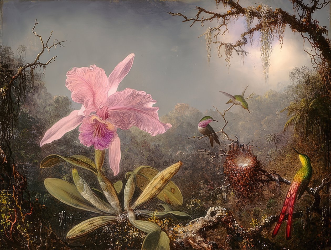 Cattleya orchidee en drie kolibries door Martin Johnson Heade