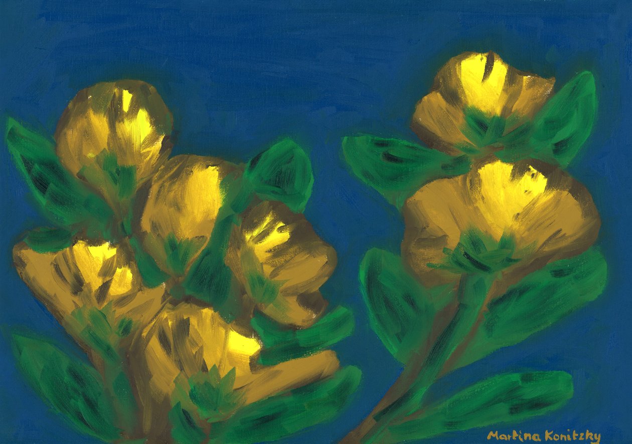 Gele rozen avondhemel compositie bruin geel blauw door Martina Konitzky