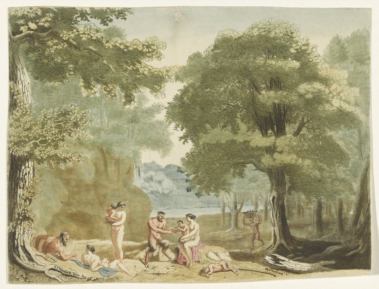 Nimfen en saters in een landschap door Martinus Berkenboom