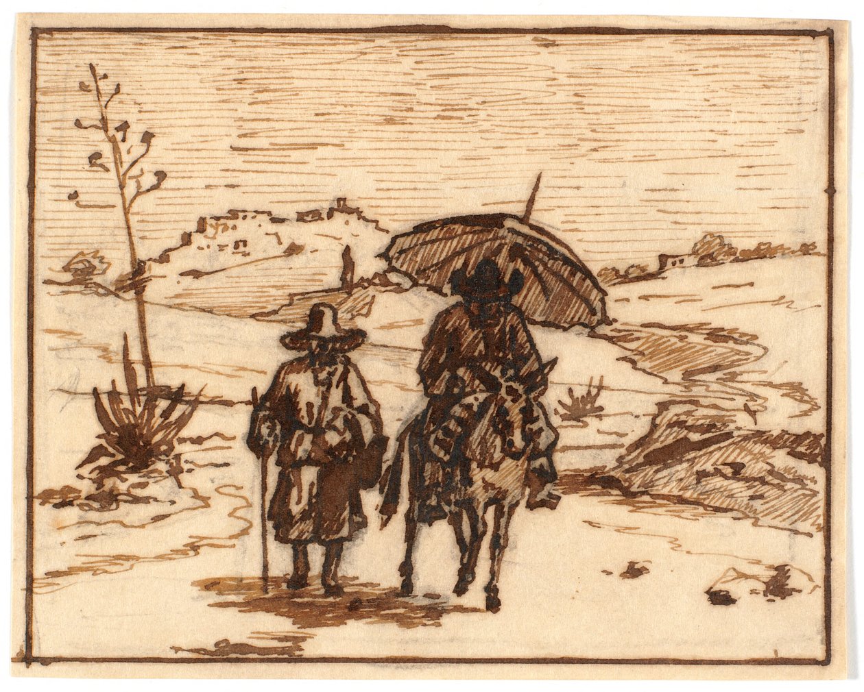 Italiaans landschap met ezelrijder en een wandelaar door Martinus Rørbye