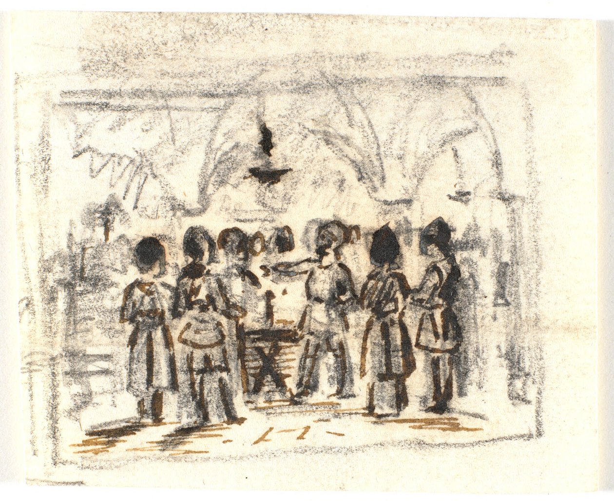 Compositieontwerp met een middeleeuwse (?) scène door Martinus Rørbye