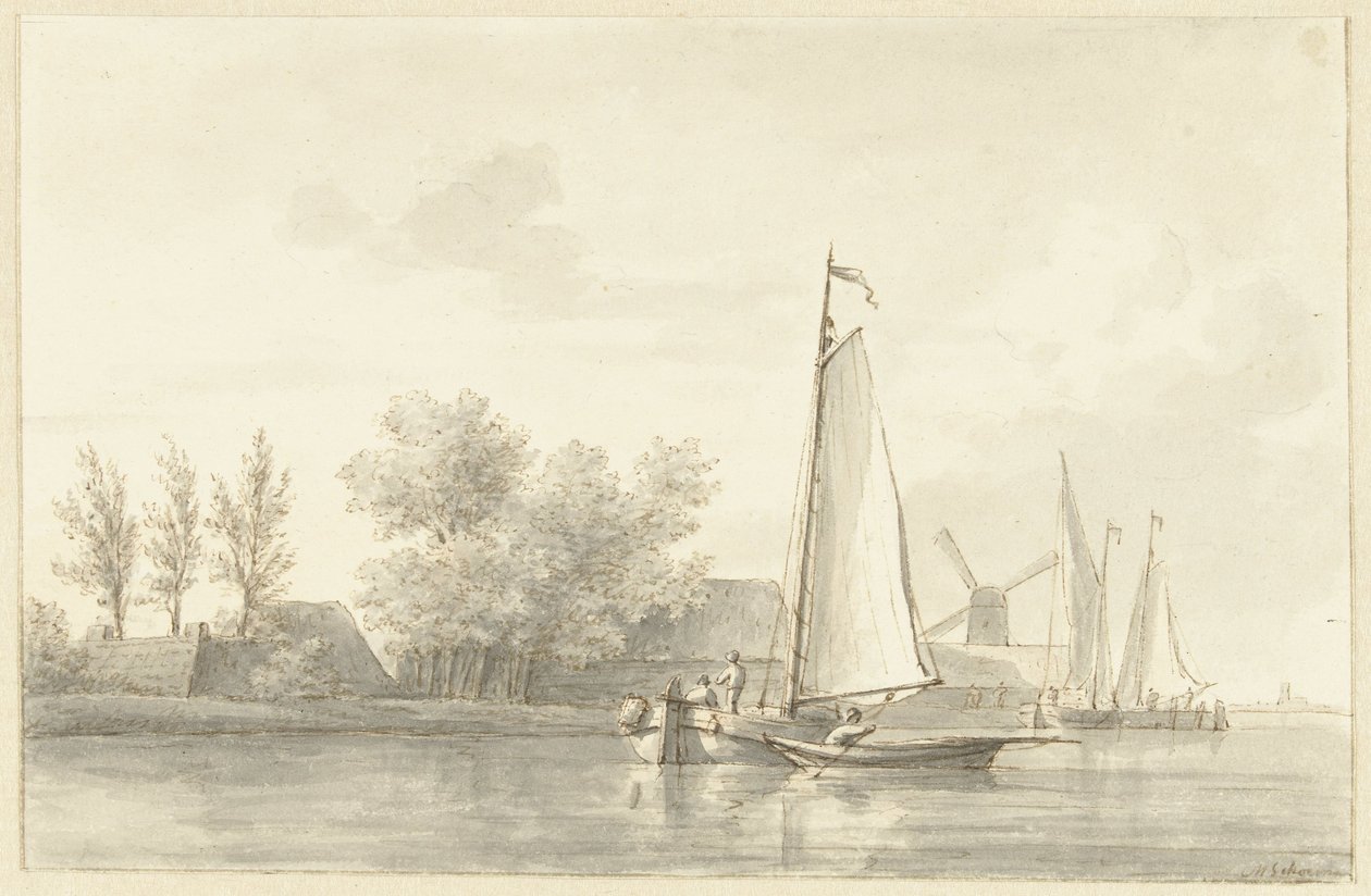 Riviergezicht met zeilschip en roeiboot door Martinus Schouman