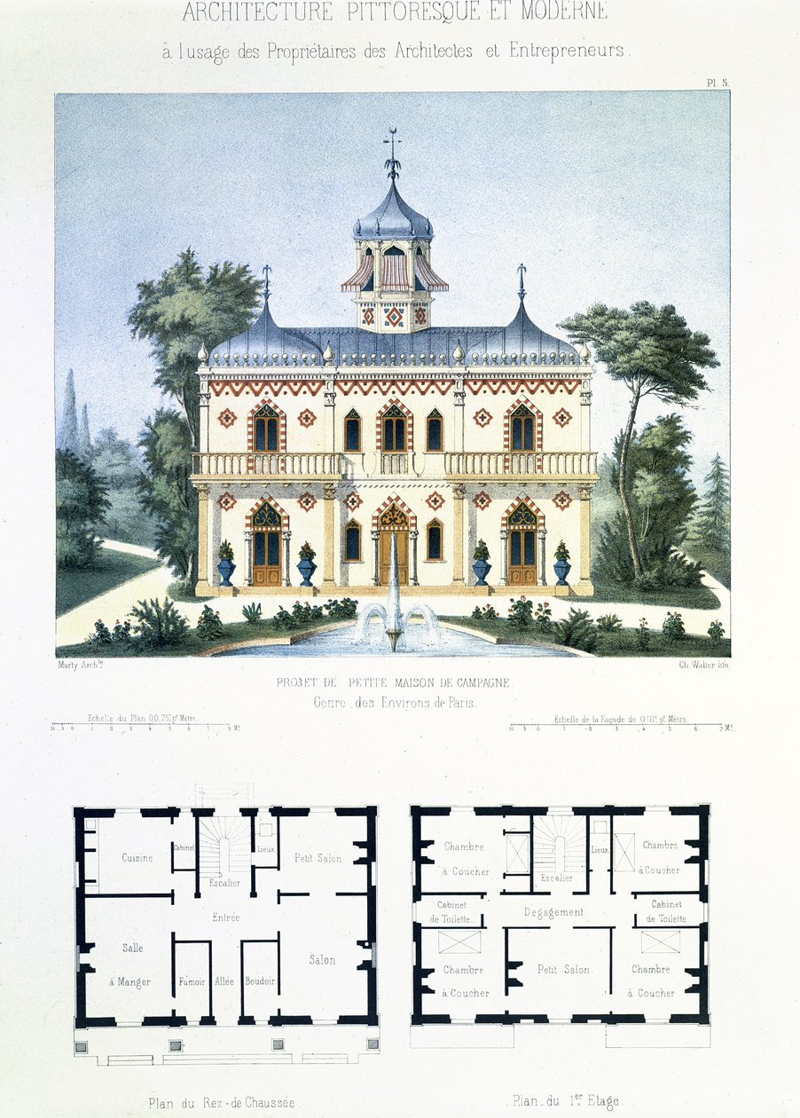 Project voor een klein landhuis nabij Parijs, gegraveerd door Walter, plaat 5 uit Architecture Pittoresque et Moderne door Marty