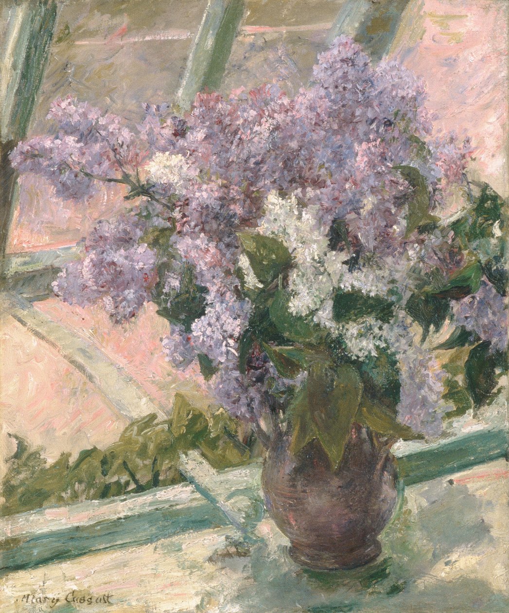 Seringen in een raam door Mary Cassatt