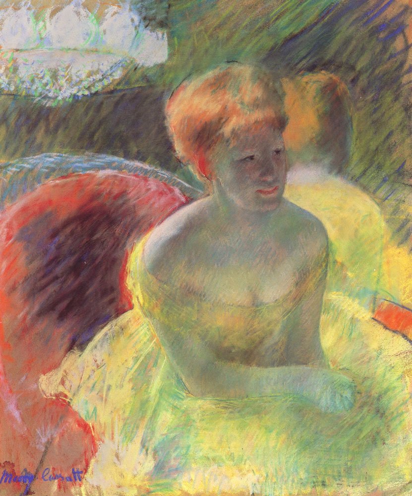 Lydia leunend op haar armen in een theaterbox door Mary Cassatt