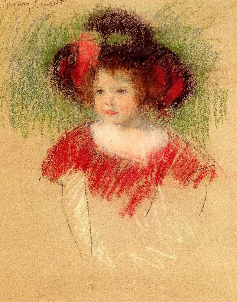 Margot in Grote Hoed en Rode Jurk door Mary Cassatt