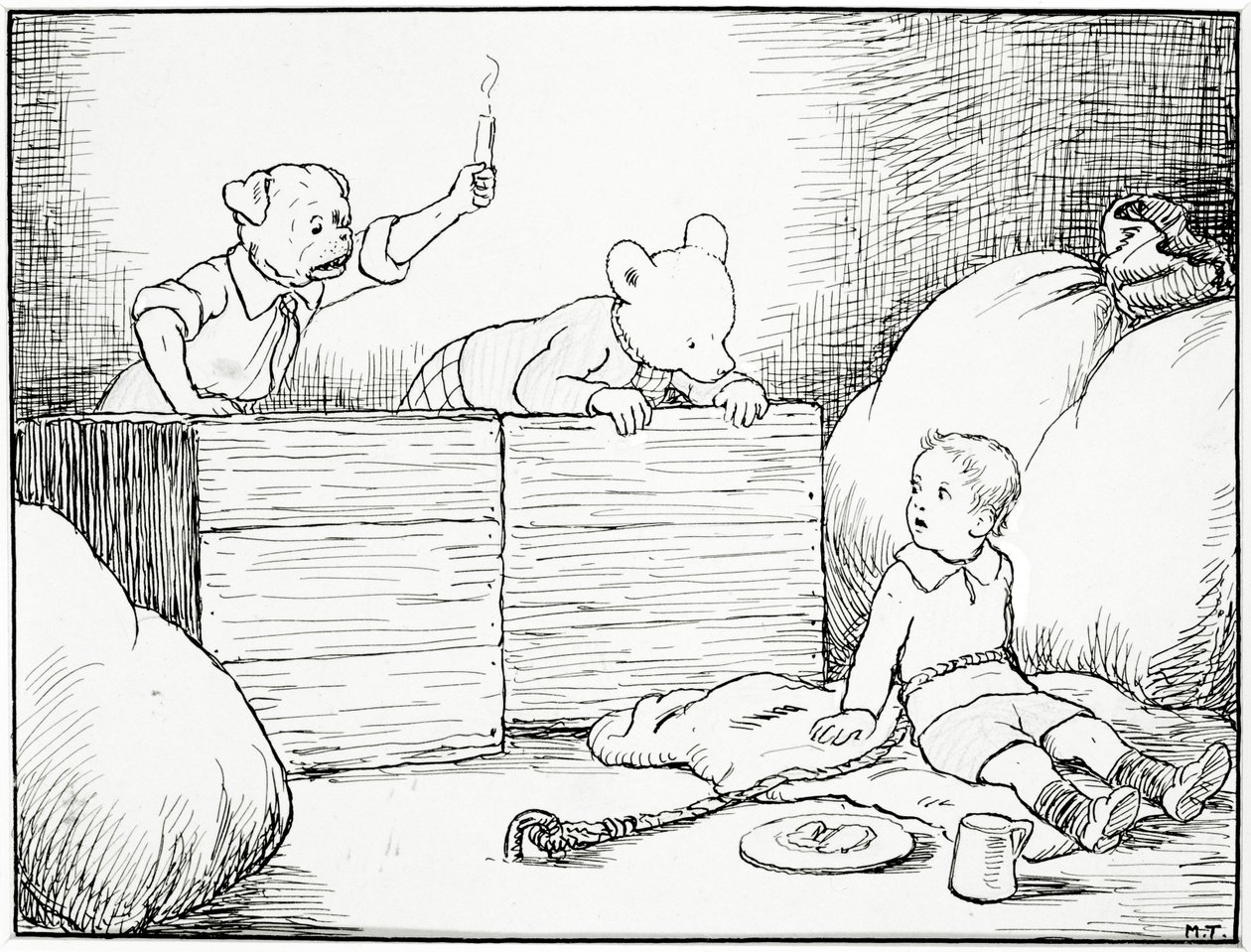 Ze zagen een klein jongens gezicht naar hen opkijken in angst, illustratie uit Rupert Bear Gaat Wandelen, uitgegeven door Marston & Co., Londen, 1920s door Mary Tourtel