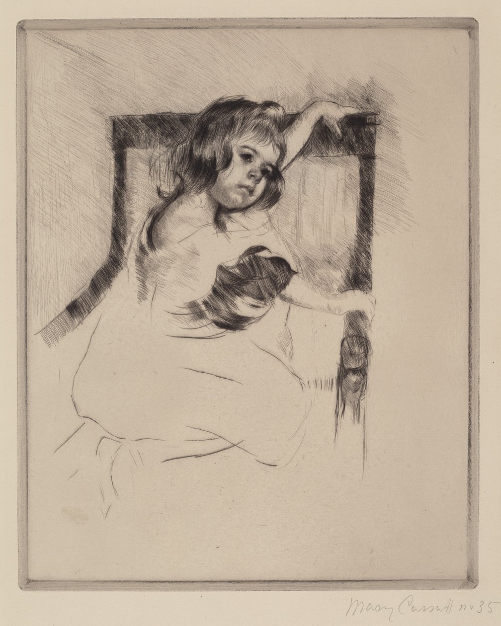 Knielend in een Fauteuil door Mary Cassatt