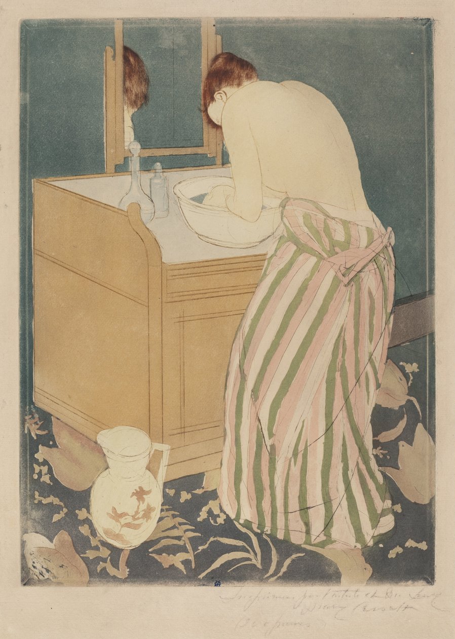 Vrouw die zich baadt door Mary Cassatt