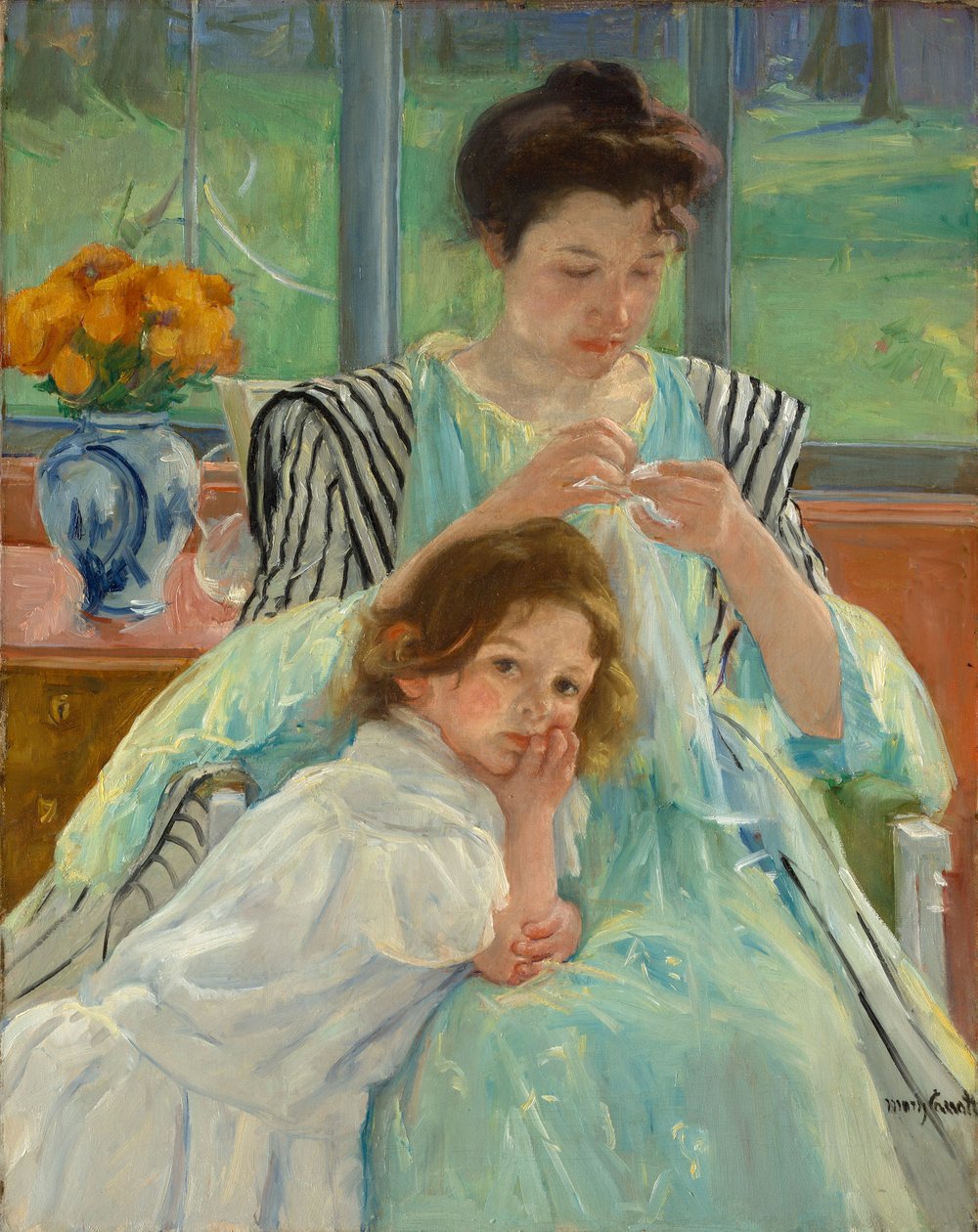 Jonge moeder aan het naaien, 1900 door Mary Cassatt
