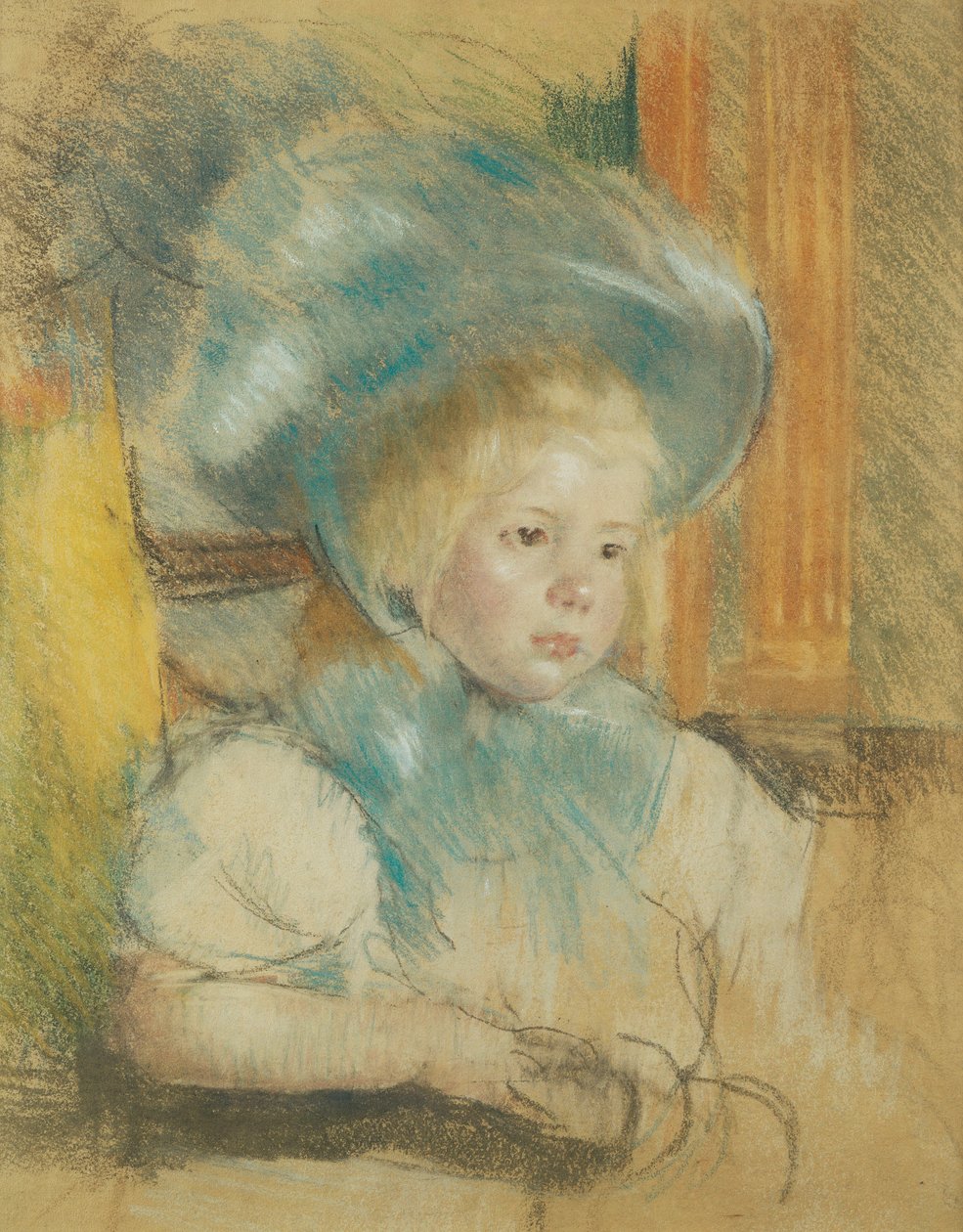 Simone met een gevederde hoed door Mary Cassatt