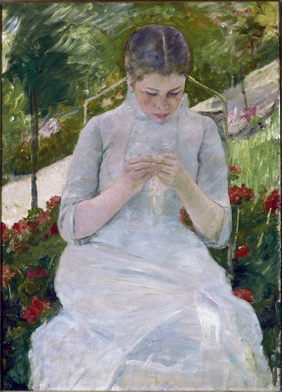 Vrouw die naait door Mary Stevenson Cassatt