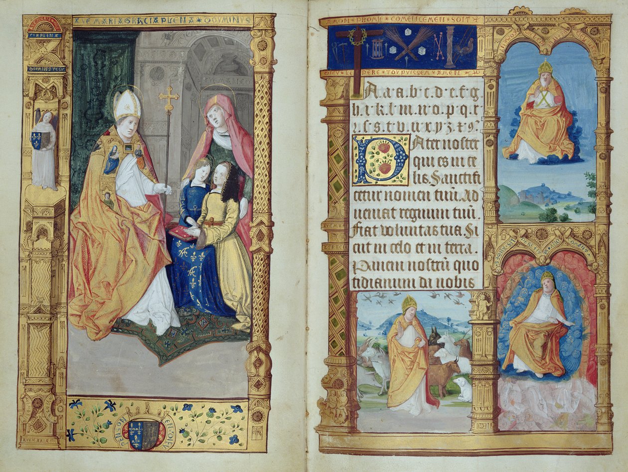 Een meisje knielt aan een bureau met de Maagd en heiligen, uit een Primer, ca. 1500-10 door Master of Antoine de Roche