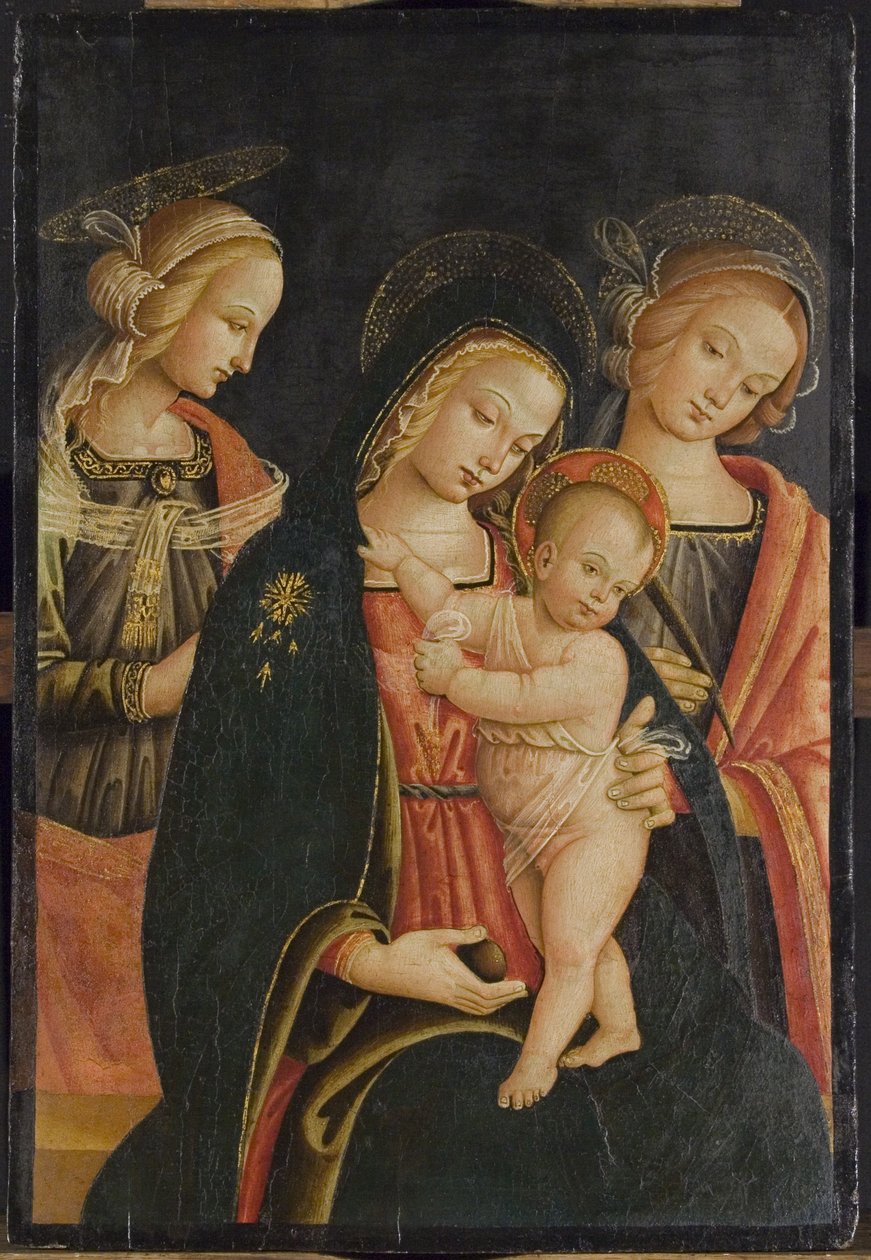 De Madonna en Kind met Twee Vrouwelijke Heiligen, ca. 1500 door Master of the Cortona Tondo