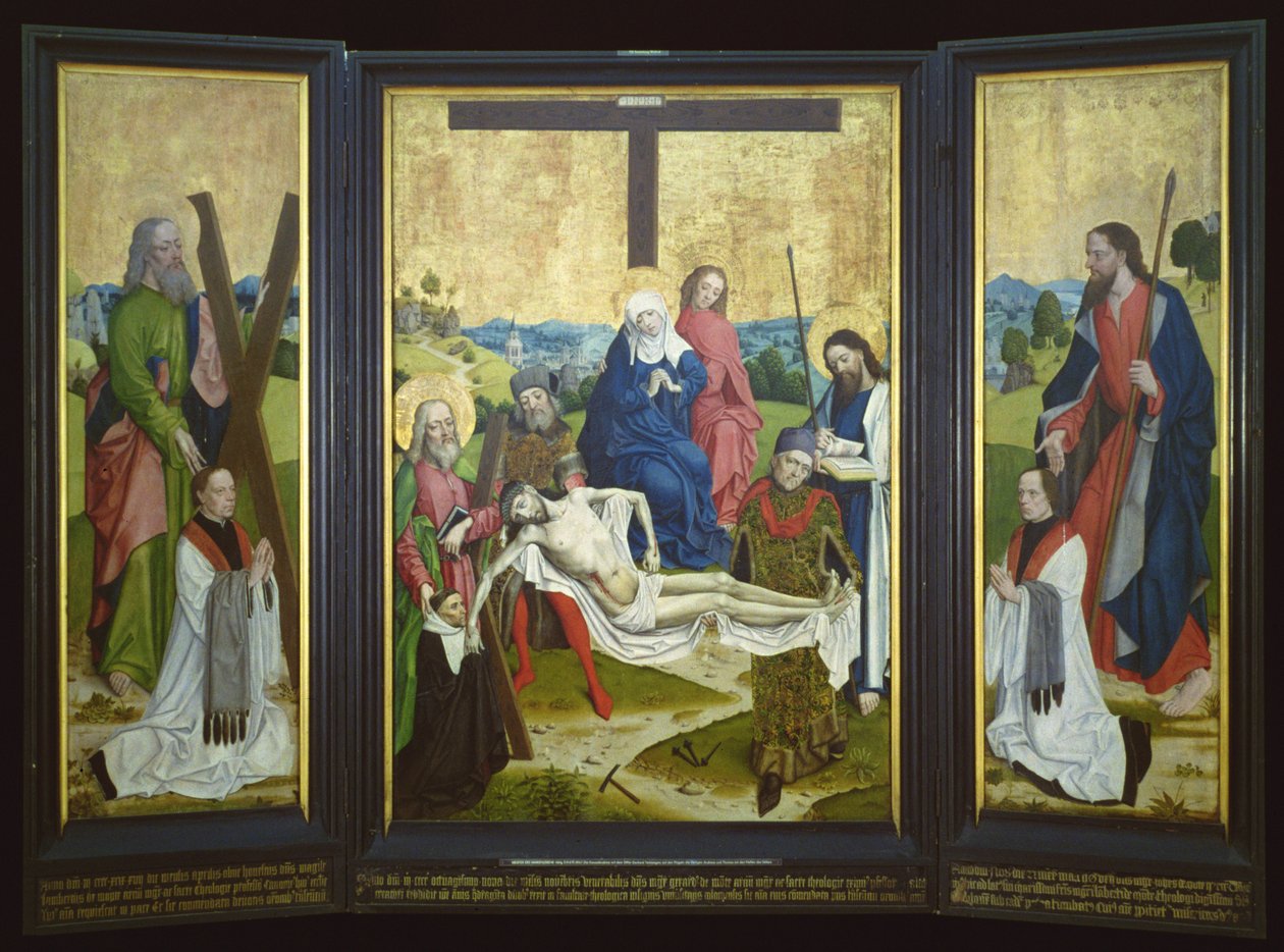 Altaarstuk met een piëta en schenkers in het middenpaneel; St. Andreas en St. Johannes op het zijpaneel, ca. 1480-90 door Master of the Life of Virgin Mary