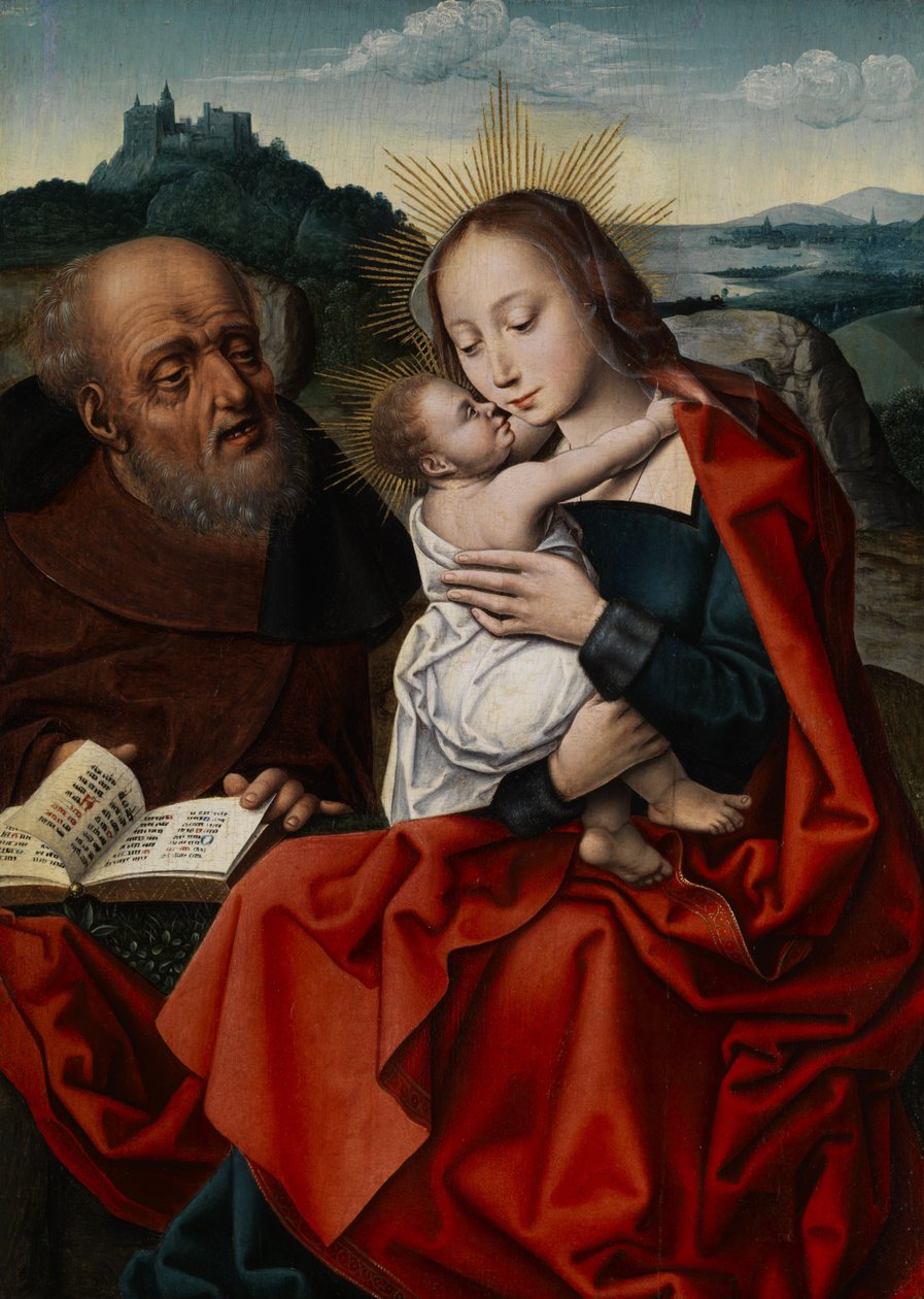 Heilige Familie in een landschap door Master of the Mansi Magdalen