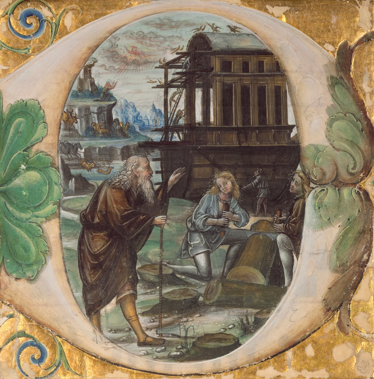 Initiaal D: Noach leidt de bouw van de ark, ca. 1500 door Master of the Monogram B.F Master of the Monogram B.F