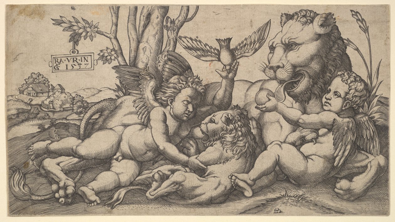 Putti en Leeuwen, 1547 door Master FG