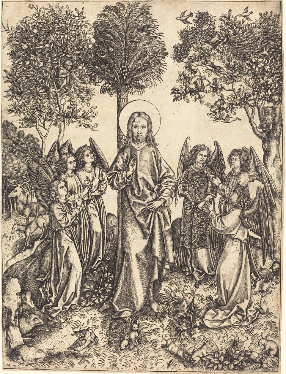 Christus in de wildernis bediend door engelen door Master i.e.