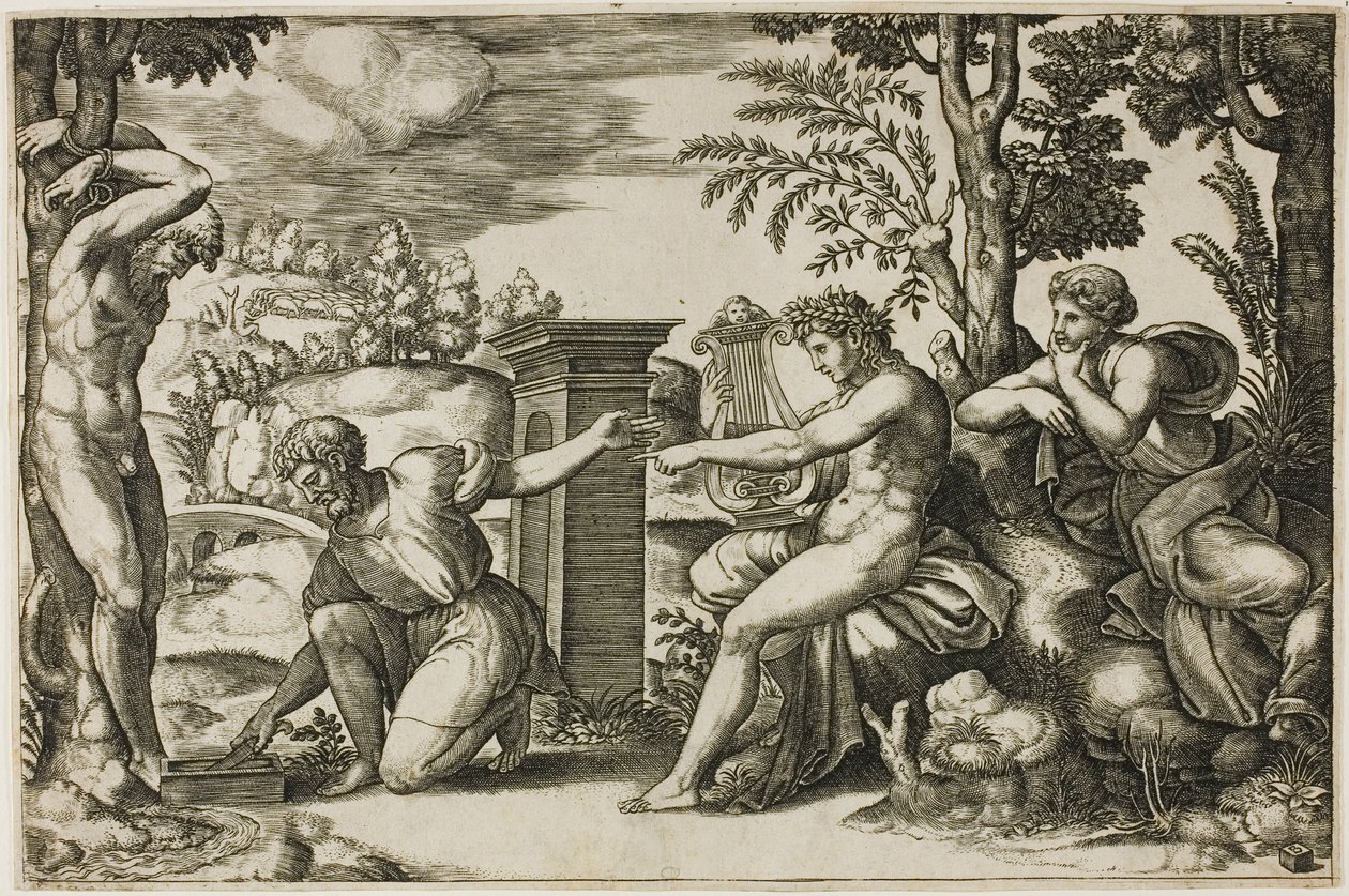 Apollo en Marsyas door Master of the Die