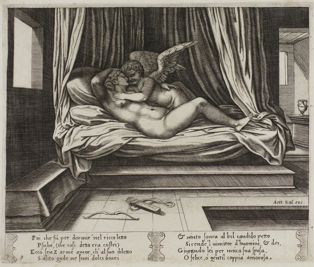Cupido in de armen van Psyche door Master of the Die