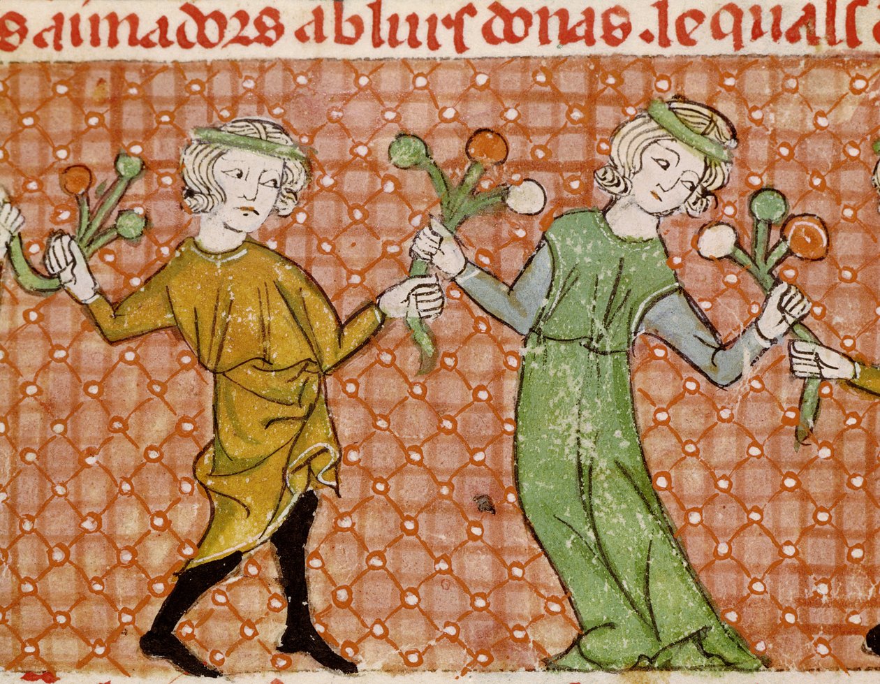 Fol.215v De Verleiding: Een dansend paar door Matfre Ermengaut