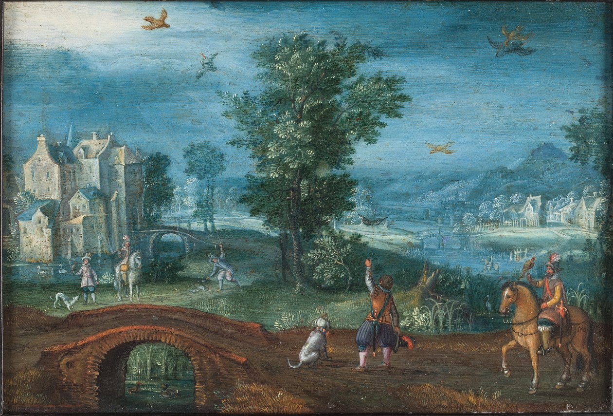 Landschap met valkeniers door Mattheus Adolfsz Molanus