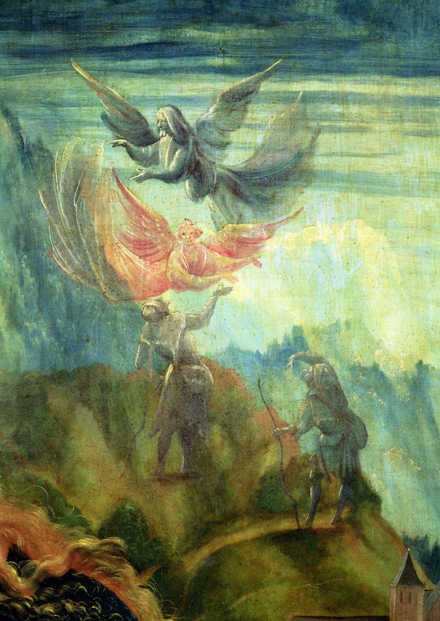 Detail van de Geboortescène van het Isenheim altaarstuk (de aankondiging aan de herders) door Matthias Grünewald