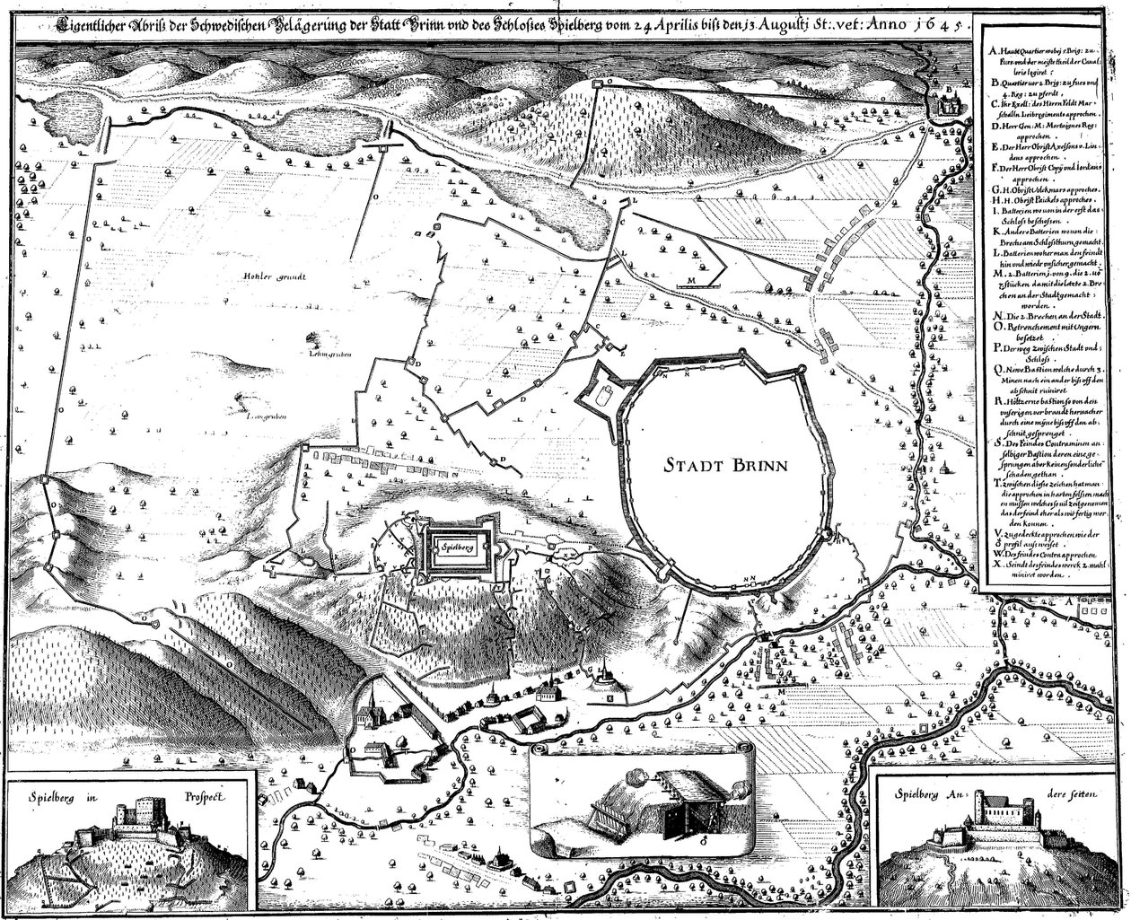 Plattegrond van de stad Brno in 1645, tijdens de belegering door de Zweden, door Merian door Matthaus Merian
