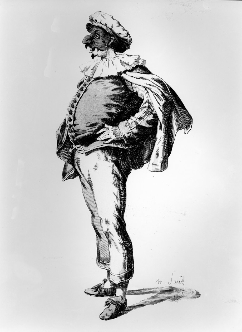 Polichinelle, afgebeeld in het toneelkostuum van 1685, 1860 door Maurice Sand