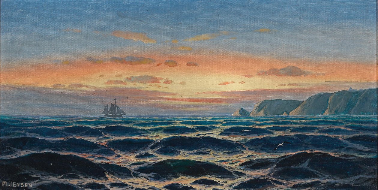 Zeilschip bij de Kust in het Avondlicht door Max Jensen