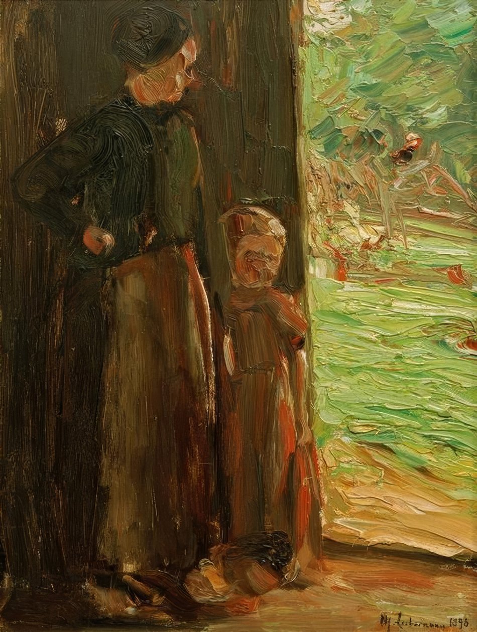 Boerin met Kind onder de Deur door Max Liebermann