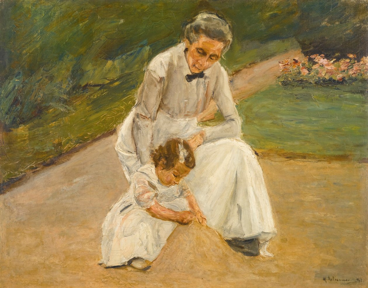 Kleindochter en kindermeisje spelend in de tuin door Max Liebermann