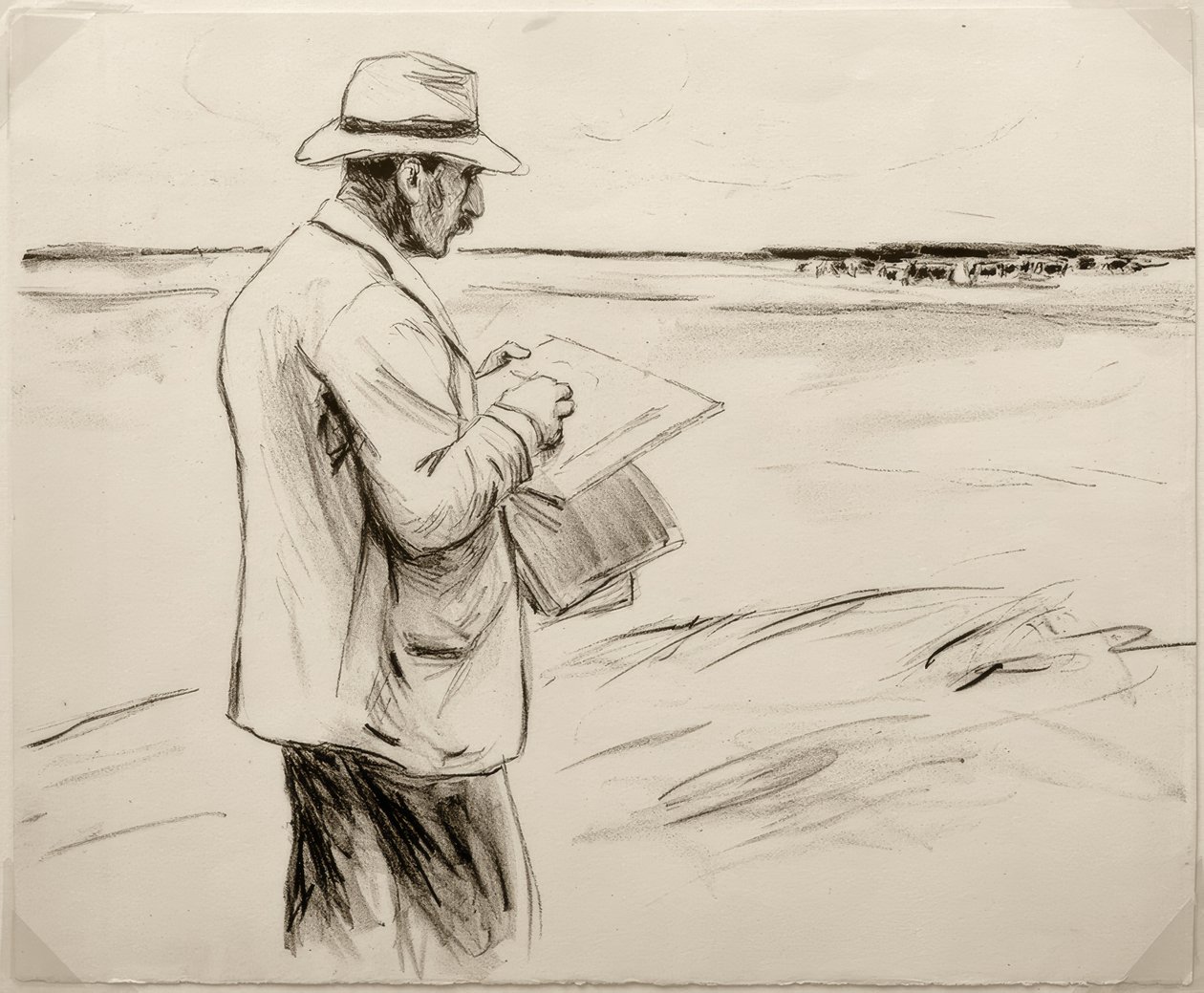 M. Liebermann, Zelfportret, buiten tekenend door Max Liebermann