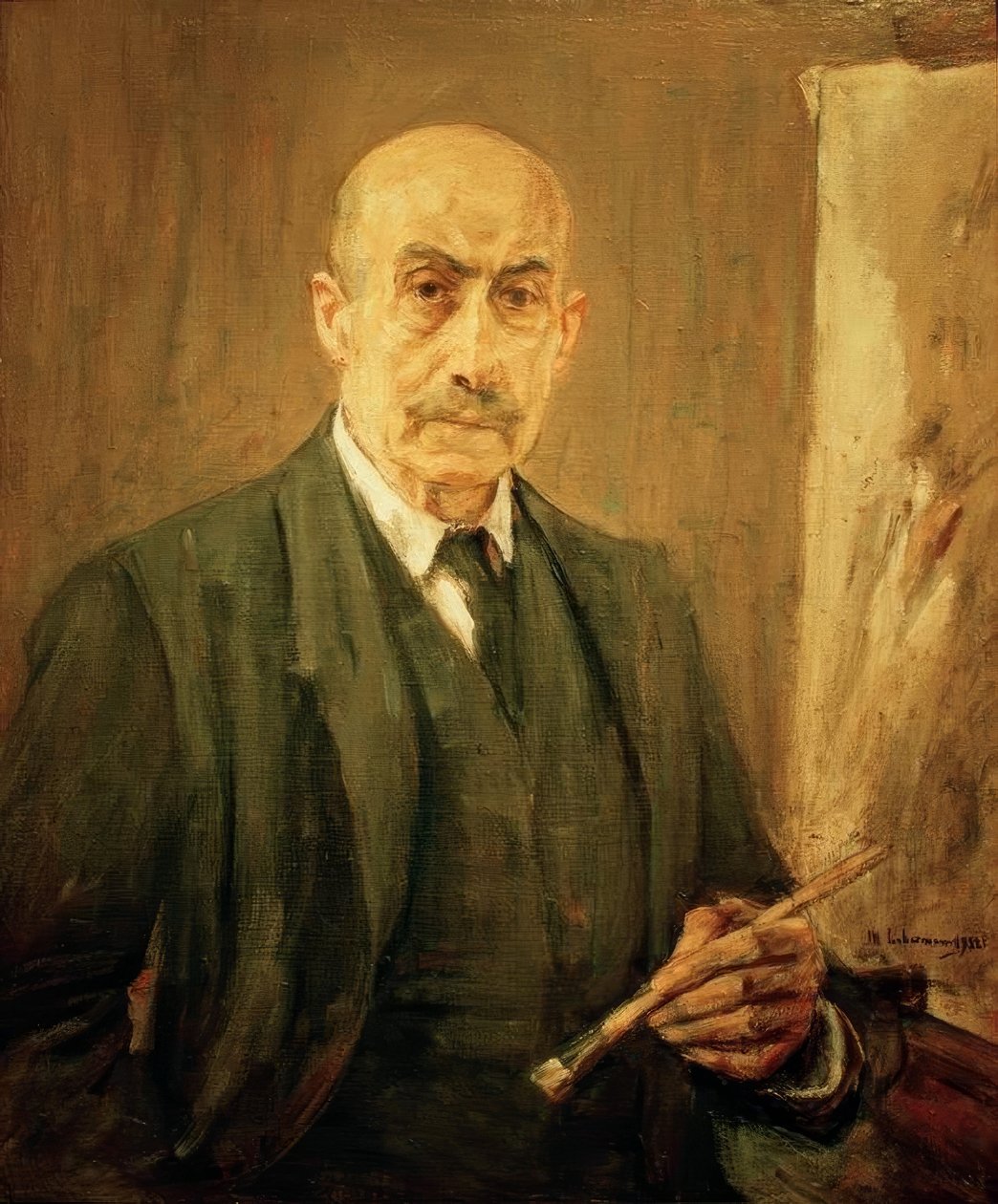 Zelfportret in pak naast de ezel door Max Liebermann