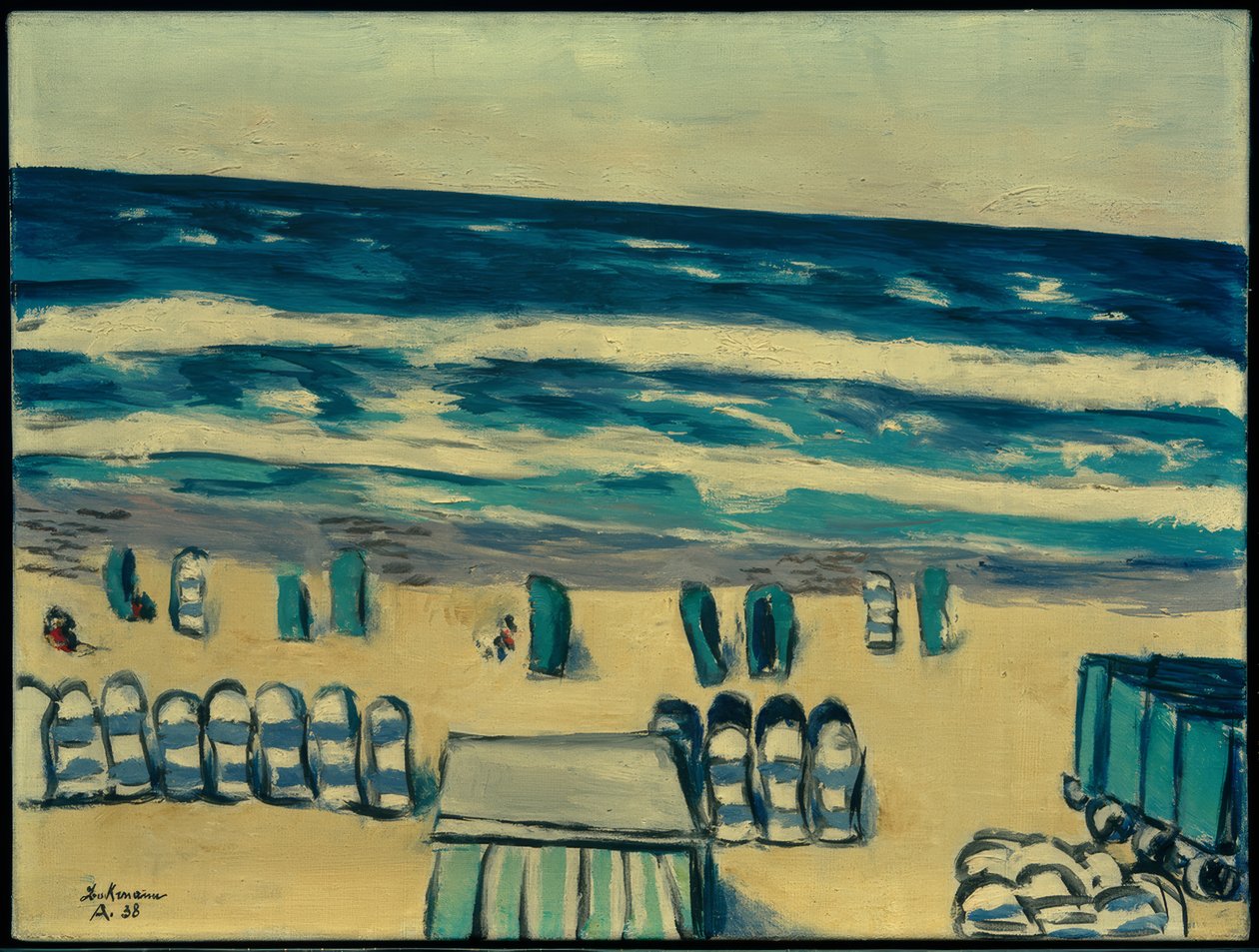 Blauwe zee met strandstoelen door Max Beckmann