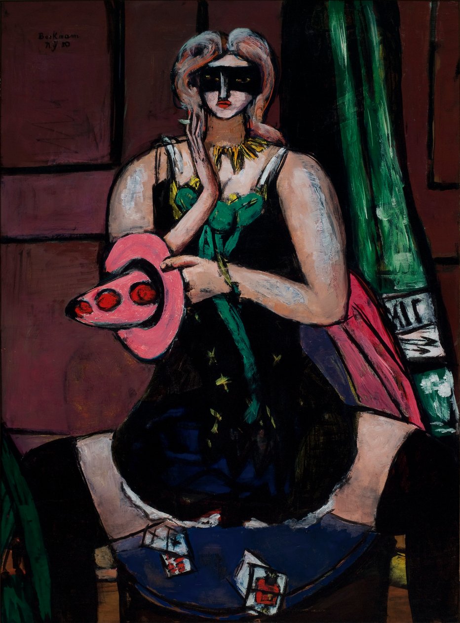 Carnavalsmasker, Groen, Violet en Roze (Columbine) door Max Beckmann