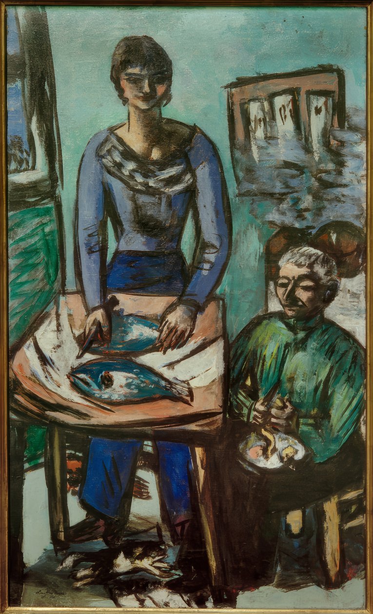 De keuken (Quappi met vissen) door Max Beckmann