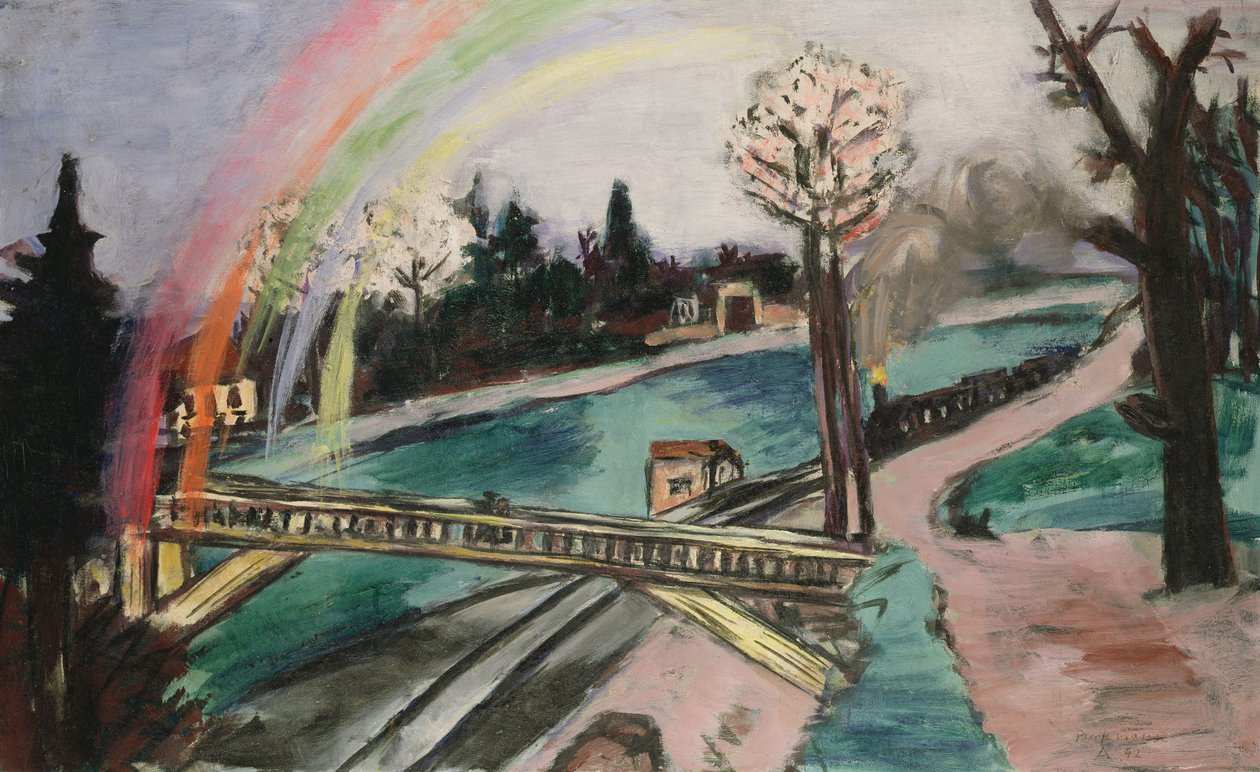 Spoorbrug en regenboog door Max Beckmann