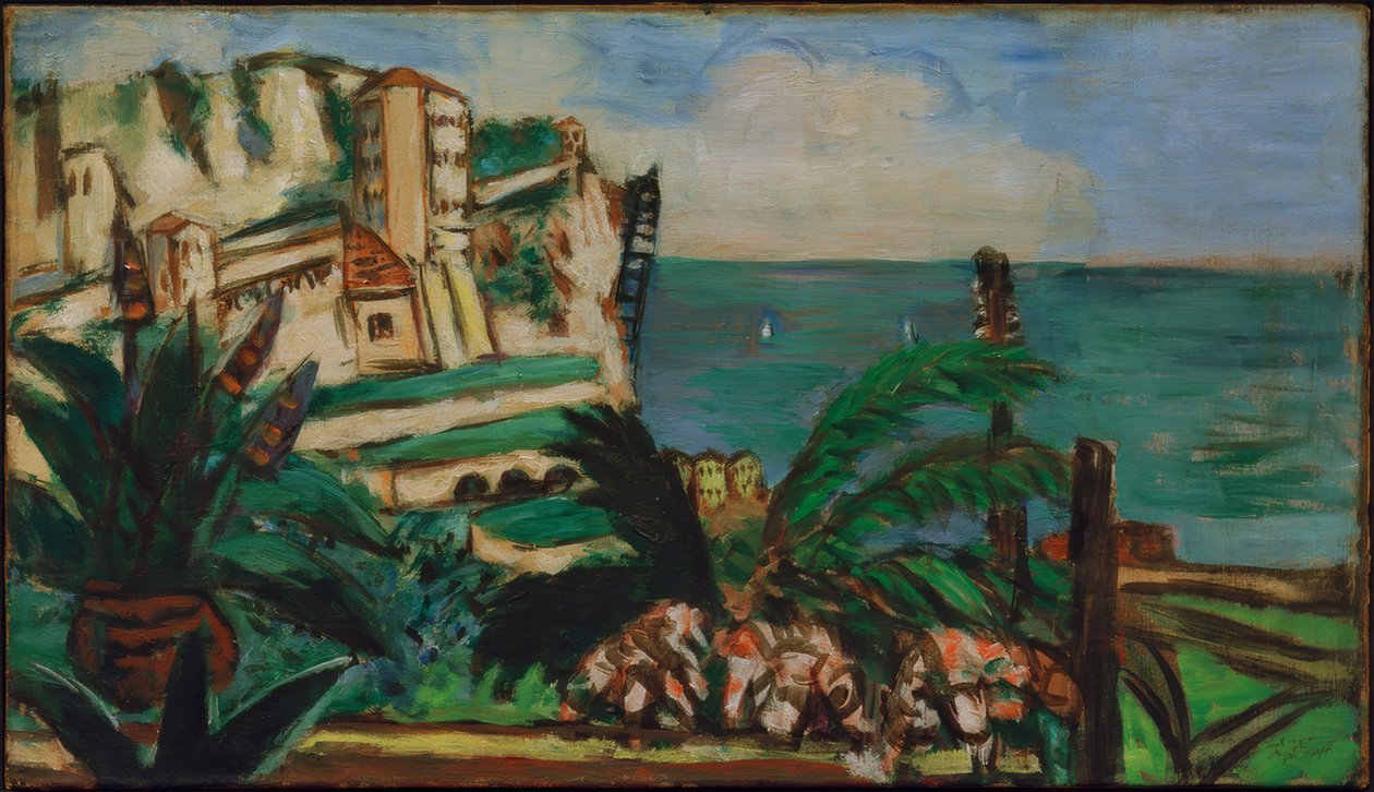 Rivierlandschap met rotsen door Max Beckmann