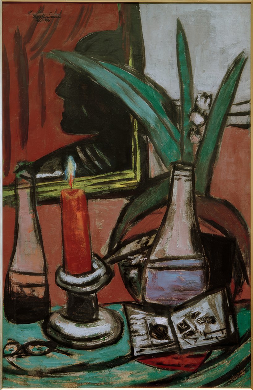 Zelfportret in grote spiegel met kaars door Max Beckmann