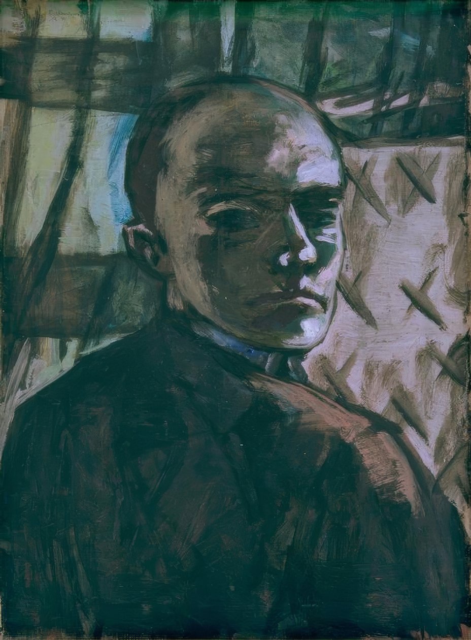Zelfportret met groene gordijn door Max Beckmann