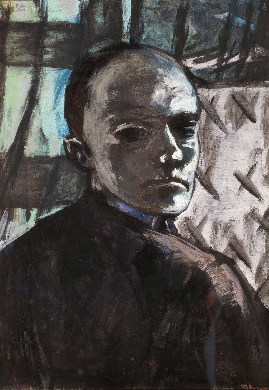 Zelfportret met groene gordijn door Max Beckmann