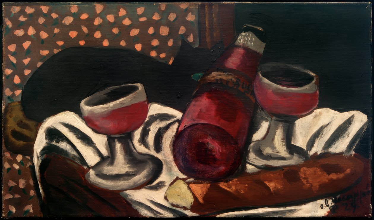 Stilleven met wijnglazen en kat door Max Beckmann