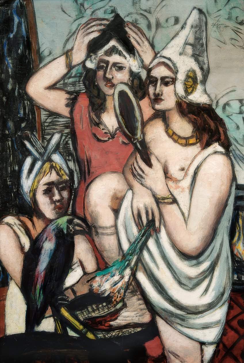 Voor het kostuumfeest (drie vrouwen) door Max Beckmann