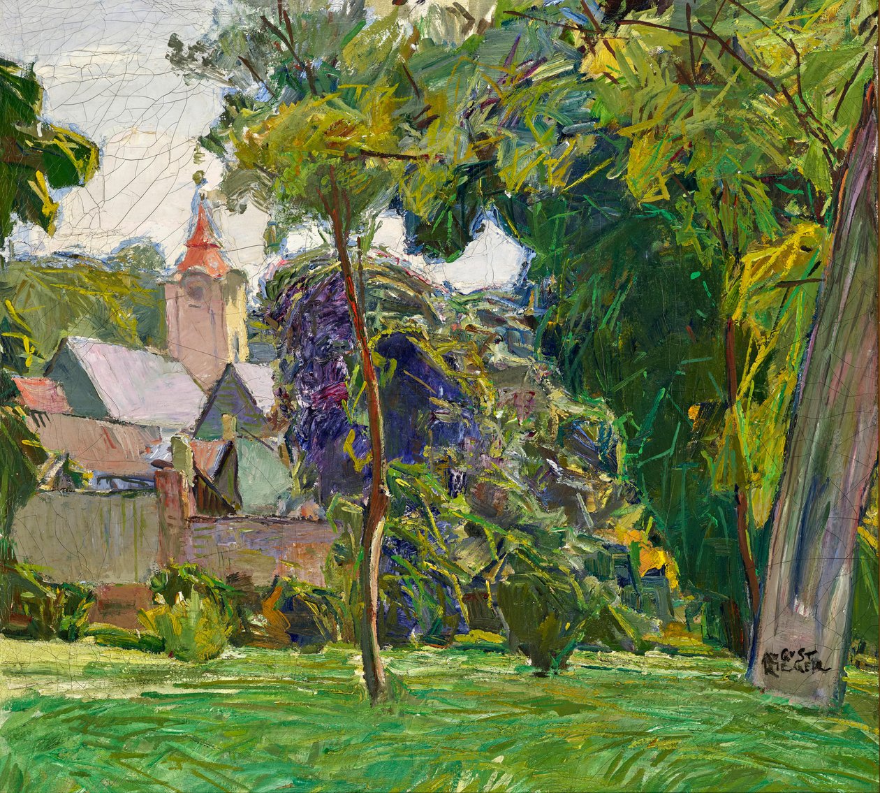 August Rieger parklandschap met kerk door Max Kahrer