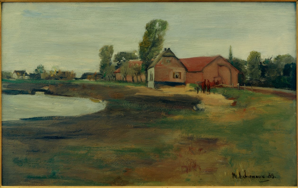 Dorpsstraat in Militsch (Landschap met vijver) door Max Liebermann
