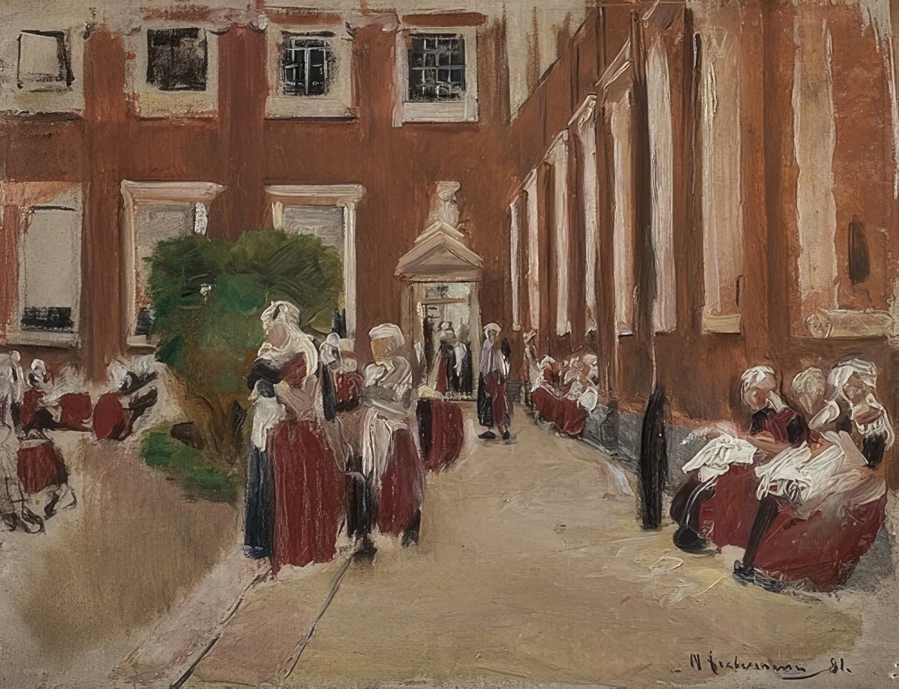 Binnenplaats van het Amsterdamse Weeshuis. 1876 door Max Liebermann